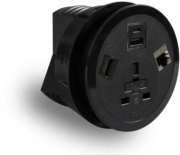 ABL Port-X 1xUK socket 3.15A 1xUSB A+C charger 1xRJ45 Cat6A 1xHDMI - Black